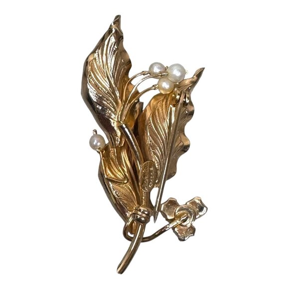 Richelieu Vintage 12K Gold Filled Leaf & Pearl Brooch Pin Seaweed Sea Grass - Picture 2 of 5